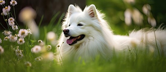 In the summer against the backdrop of a beautiful green garden a dog happily frolics in the grass its white fur blending with the purity of nature s beauty while a portrait captures the love