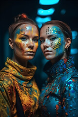 Wall Mural - Portrait of two young women in futuristic costumes with bright makeup. Fashion of future.