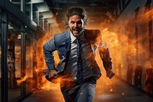 Businessman In Suit And Necktie Running Away From The Fire In The City Street And Road Background.