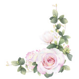 Fototapeta Do akwarium - A corner floral arrangement, bouquet of pink roses, buds, pink flowers and green leaves hand drawn in watercolor. Isolated floral watercolor illustration.