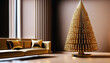 Pomieszczenie o nowoczesnym wystroju ze złotą choinką, brązowymi ścianami i beżową kanapą