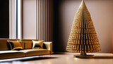 Fototapeta  - Pomieszczenie o nowoczesnym wystroju ze złotą choinką, brązowymi ścianami i beżową kanapą