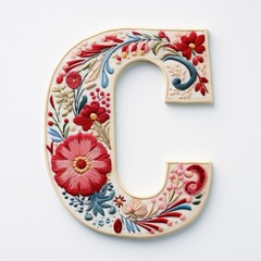 a close up of the letter c with flowers on it. embroidery effect, floral design.