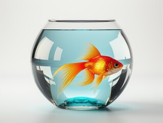 Wall Mural - A goldfish in a fish bowl on a white surface.