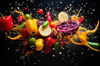 a group of vegetables in a splash of water on a dark background, fresh and healthy food