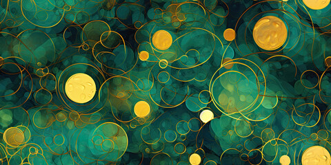 Wall Mural - Organic seamless background pattern. Natural circles in green, gold, turquoise and emerald.