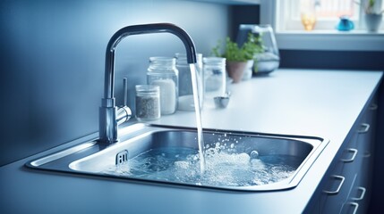 view from above water is pouring from the tap in the kitchen in the bathroom problems of lack of clean water. vertical photo