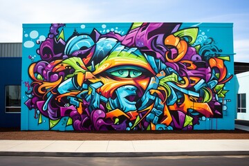 Wall Mural - Dynamic Exploration Mural: A captivating graffiti masterpiece with bold, abstract shapes and vibrant colors, igniting energy and excitement around the exploration of new ideas and skill development