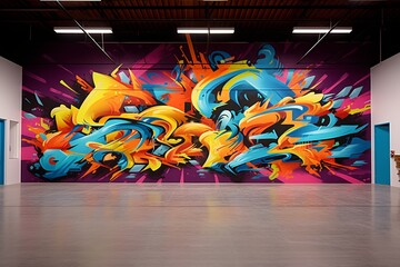 Wall Mural - Dynamic Exploration Mural: A captivating graffiti masterpiece with bold, abstract shapes and vibrant colors, igniting energy and excitement around the exploration of new ideas and skill development