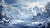 Fototapeta Natura - Winter landscape with stunning views that hides its secret secrets and stories game art