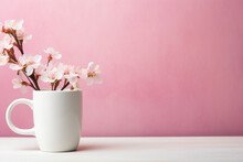 Blank White Empty Mug Mockup With Pink Flowers, Generative Ai