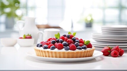 Poster -  a white plate topped with a pastry covered in berries and blueberries next to plates of strawberries and raspberries.  generative ai