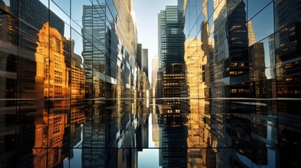 Poster -  the reflection of buildings in the glass windows of a large body of water in the foreground is a cityscape with skyscrapers in the background.  generative ai