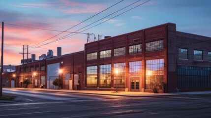 Canvas Print -  a red brick building sitting on the side of a road next to a tall building with lots of windows on it.  generative ai