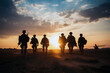 © InputUX - Backlit figures of a military squad and aircraft at dusk symbolize unity and preparedness in a mission setting.