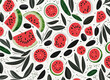 Pattern of water melon, olive leaves and fruits.