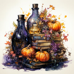 Watercolor Halloween Potion Bottle with Books illustration Generative Ai