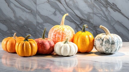 Canvas Print -  a group of pumpkins sitting next to each other on top of a marble counter top in front of a marble wall.  generative ai