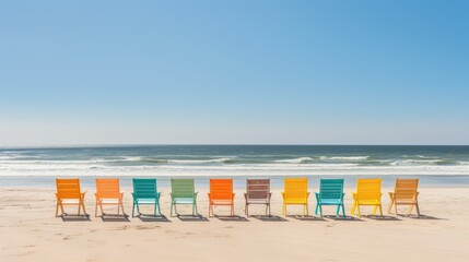 Canvas Print -  a row of colorful chairs sitting on top of a sandy beach next to a wave crashing in to the ocean.  generative ai