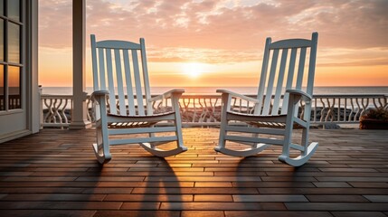 Canvas Print -  a couple of white rocking chairs sitting on top of a wooden floor next to a sunset over a body of water.  generative ai