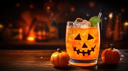 Wall Mural -  a glass of booze with a jack - o'- lantern face on it and two pumpkins next to it.  generative ai