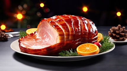 Sticker -  a ham sitting on top of a white plate next to an orange slice and pine cones on a black table.  generative ai