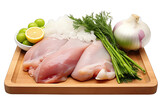 Fototapeta Mapy - Fresh raw chicken, onion and leek on  transparent background