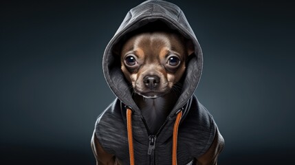 Canvas Print -  a small dog wearing a hoodie and looking at the camera with a sad look on its face, on a dark background.  generative ai