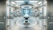 High-tech surgical room equipped with robotic arms, holographic displays, and advanced medical tools