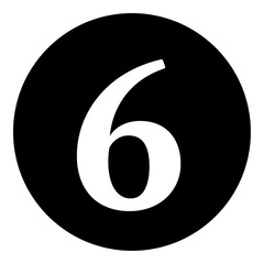 A number six symbol in the center. Isolated white symbol in black circle. Vector illustration on white background