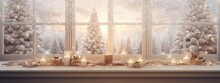 Empty Space Wood Table In Front Of Defocused Window, Christmas Tree Decoration With Lights Blurred Background, Blank For Display Of Presentation Product