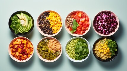 Poster -  a group of bowls filled with different types of salads and veggies on top of a blue surface.  generative ai