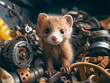 A marten gnaws on a cable in the engine compartment of a car, AI generated