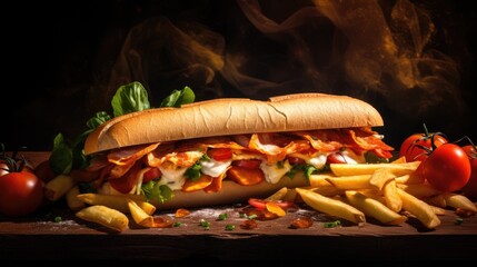 Wall Mural -  a sub sandwich with french fries, tomatoes, lettuce and tomatoes on a cutting board with smoke in the background.  generative ai