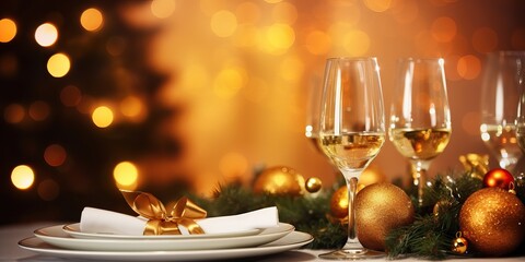 Beautiful table setting for Christmas dinner at home on blurred lights background, festive banner features champagne glasses, blurred holiday lights, setting the scene for a celebratory atmosphere