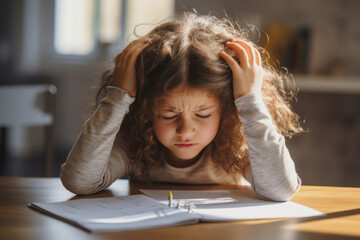 Young girl struggles doing her homework at home