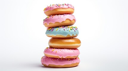 Poster -  a stack of donuts with pink, blue, and yellow frosting and sprinkles on them.  generative ai