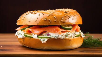 Wall Mural -  a bagel sandwich with salmon, cucumber, and dill on a wooden cutting board with a black background.  generative ai