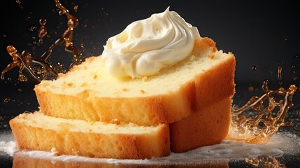 Canvas Print -  a close up of a piece of bread with whipped cream on top of it and a splash of milk on top of it.  generative ai