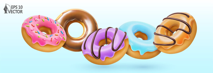 donuts with pink glaze and chocolate, colored glaze and caramel. 3d vector realistic objects. food i