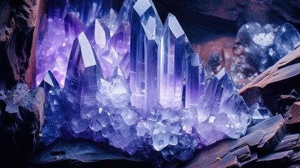 Wall Mural -  a cluster of purple crystals sitting on top of a pile of wooden planks next to a pile of rocks.  generative ai