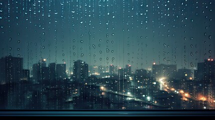 Wall Mural -  a view of a city at night through a rain covered window with raindrops on the window pane.  generative ai
