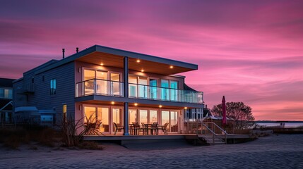 Poster -  a house sitting on top of a sandy beach next to a body of water with a sunset in the background.  generative ai