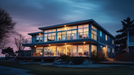 Canvas Print -  a large house with a lot of windows and a deck in front of it at night with the lights on.  generative ai