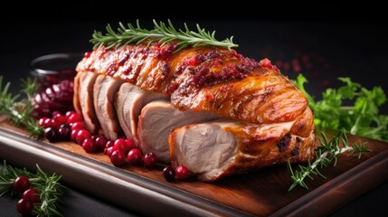 Wall Mural -  a piece of meat with cranberry sauce on a cutting board next to fresh cranberries and herbs.  generative ai