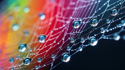 Poster -  a close up of water droplets on a spider web with a rainbow in the back ground and a black background.  generative ai