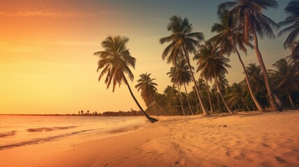 Wall Mural -  a sandy beach with palm trees and the sun setting in the distance in the distance is a body of water.  generative ai