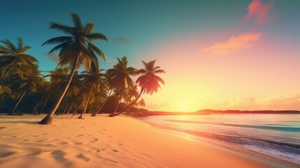 Canvas Print -  the sun is setting on a tropical beach with palm trees on the shore and the ocean in the foreground.  generative ai