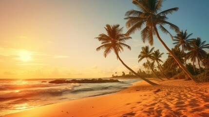 Canvas Print -  the sun is setting on the beach with palm trees in the foreground and the ocean in the foreground.  generative ai