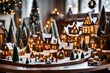 A festive tabletop with a Christmas village display, complete with miniature houses and figurines. --